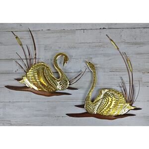 Vintage Swan Wall Art Pair 1970s Gold Brass Tone Metal Wood MCM Lake Birds Decor